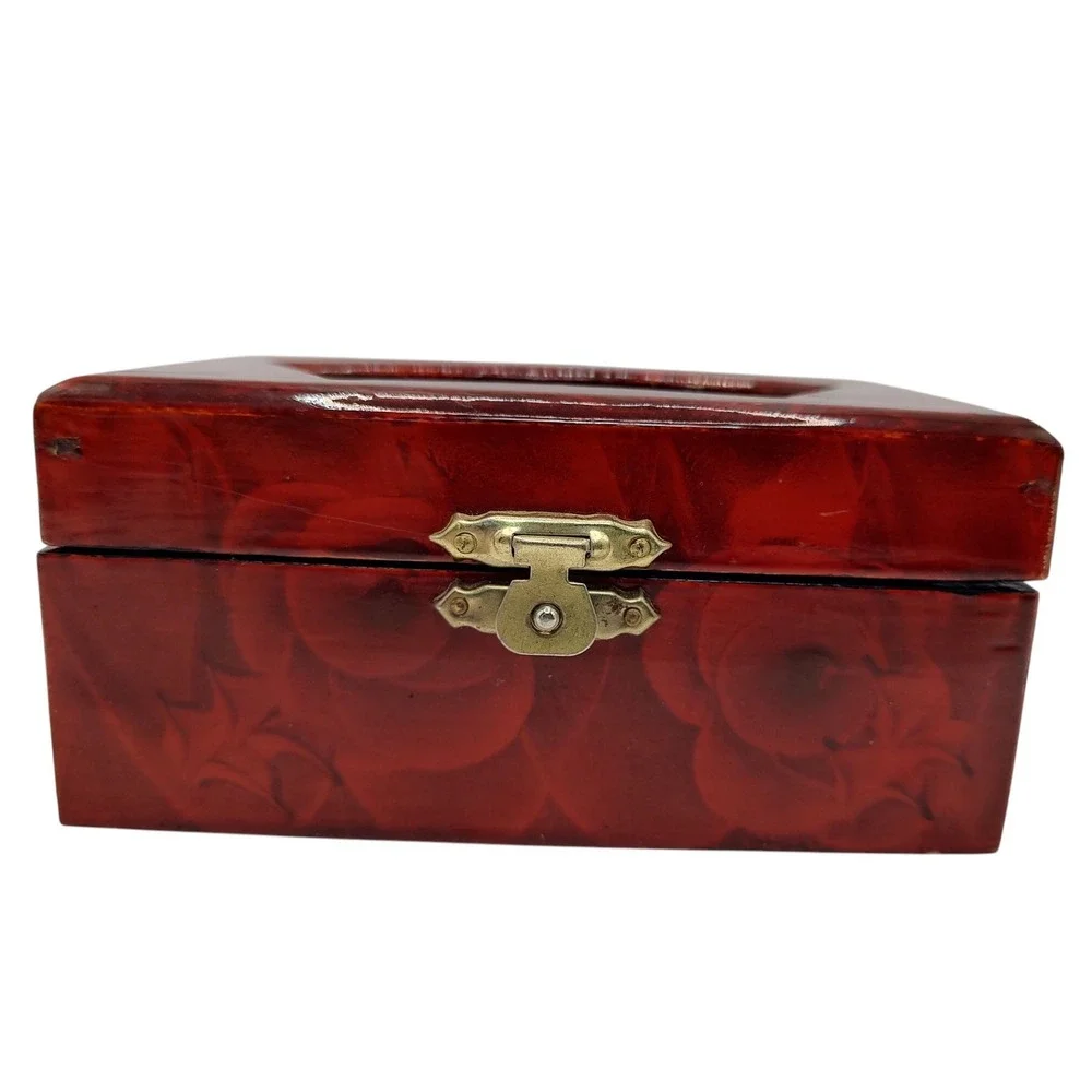 Chinese Jewelry Box Cork‎ Art Lacquer Trinket Box Intricate Red Interior Latch